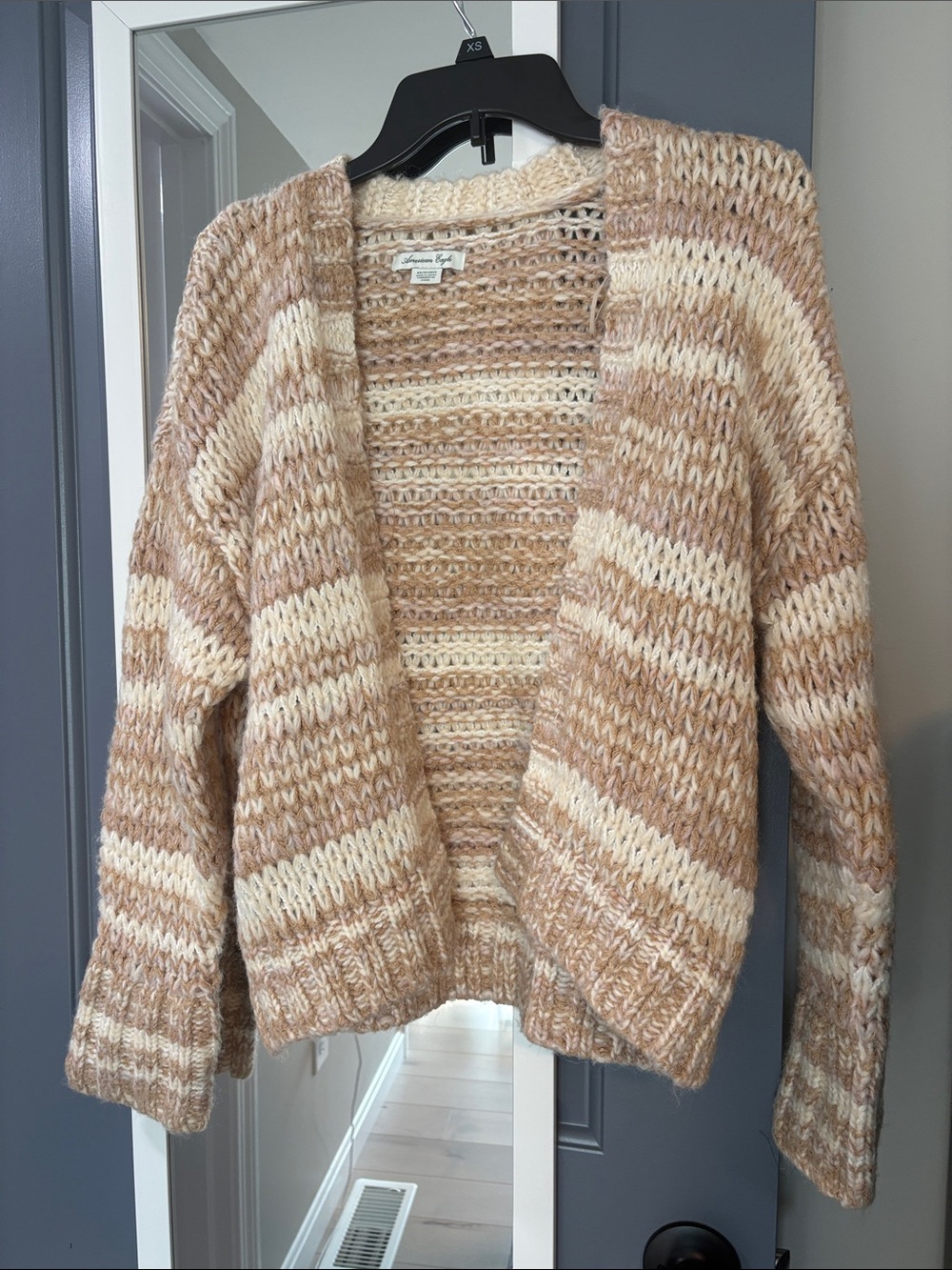American Eagle Outfitters Cream and Tan Striped Open-Front Cardigan